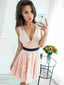 Blush Pink V Neck Sleeveless Lace Mini Short Homecoming Dresses, BTW297