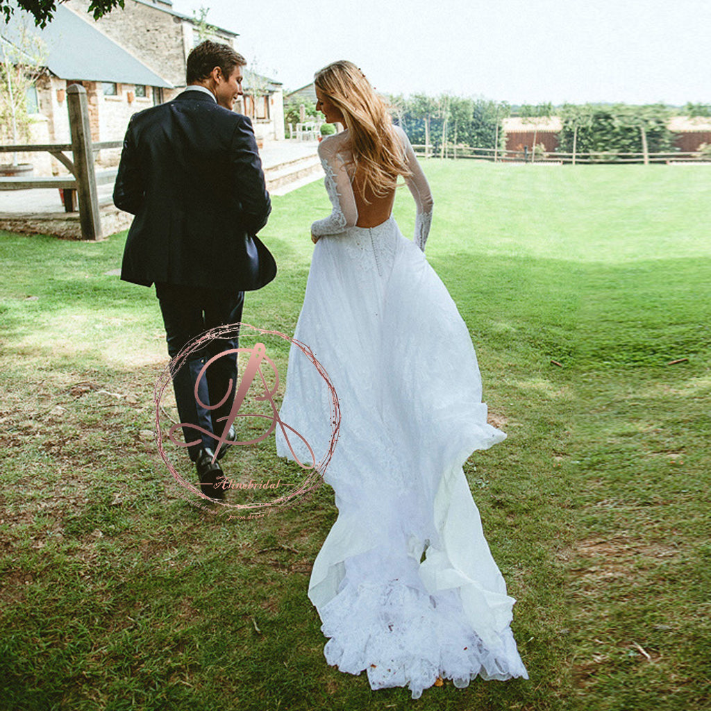 Unique Sexy Backless Long Sleeve With Button Round Neck A-line Lace Wedding Dresses, AB1122