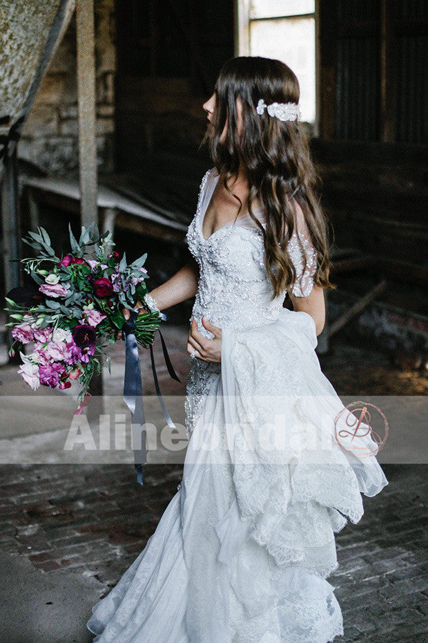 Elegant Gorgeous Affordable Beaded Lace V-neck Short Sleeve Mermaid Wedding Dresses, AB1128