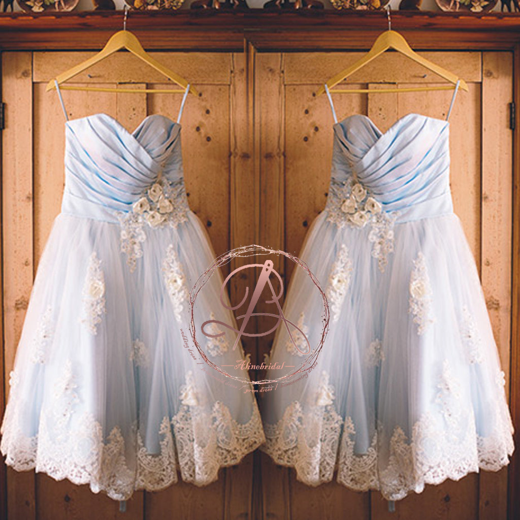 Pale Blue White Lace Sweetheart  Lovely Handmade Flowers A-line Flower Girl Dresses, FGS037