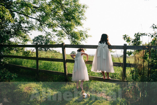 Ivory Lace Top Tulle Cap Sleeve Tea Length With Bow Sash Flower Girl Dresses, FGS044