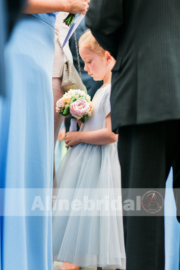 Simple Pale Blue Short Sleeve Round Neck Tea Length Flower Girl Dresses, FGS045