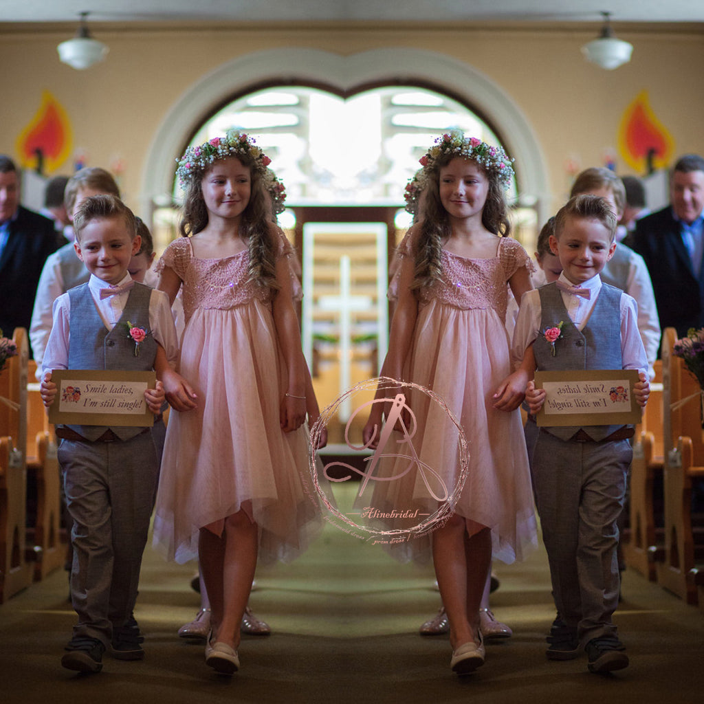 Sparkly Pink Sequins Beaded Unique Hem Knee Length Flower Girl Dresses, FGS046