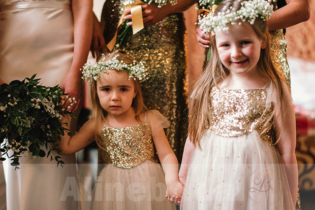 Popular Spaghetti Strap Gold Sequins Tulle Tea Length Flower Girl Dresses, FGS048