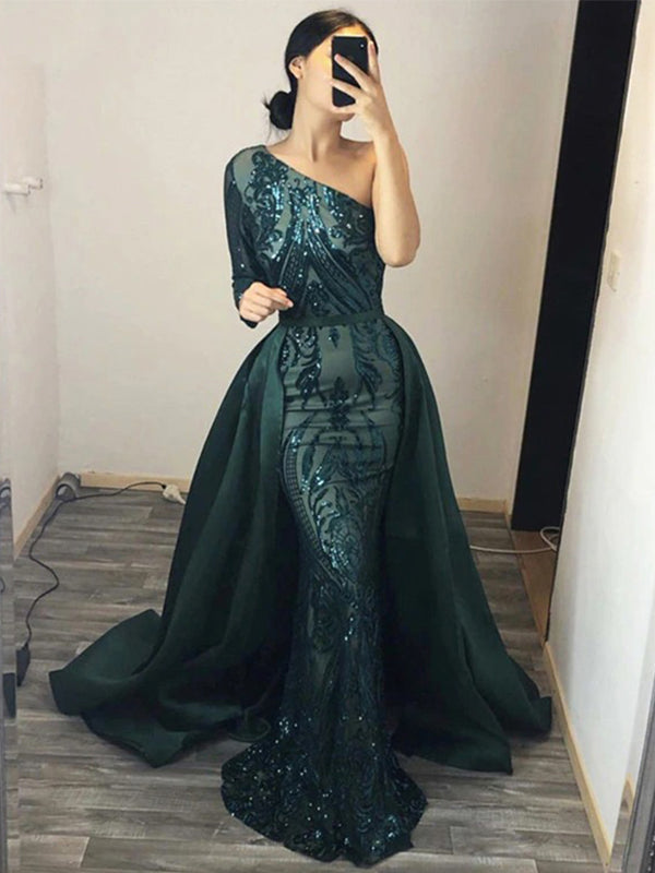 Hunter Green One-shoulder Sparkly Lace Mermaid Long Detachable Prom Dress, PD3337