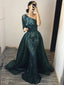 Hunter Green One-shoulder Sparkly Lace Mermaid Long Detachable Prom Dress, PD3337