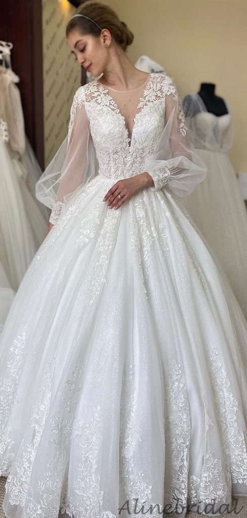 Illusion Lace Long-sleeve Tulle A-line Long Wedding Dress, WD3032