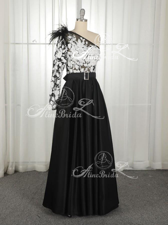 Black One Shoulder Long Sleeve Lace Satin Prom Dresses ,PD00202