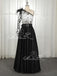 Black One Shoulder Long Sleeve Lace Satin Prom Dresses ,PD00202