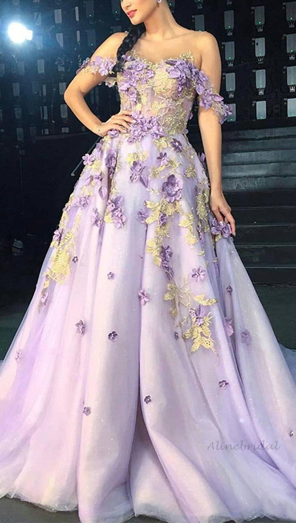 Lilac Off-shoulder Floral Dream A-line Long With Glitters Prom Dress, PD3368