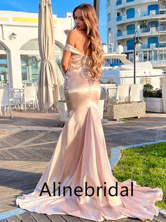 Elegant Pink Off the Shoulder Sleeveless Mermaid Long Prom Dress, PD3556