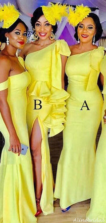 One-shoulder Bright Yellow Active Modest Mermaid Two Style Long Bridesmaid Dress, BD3087