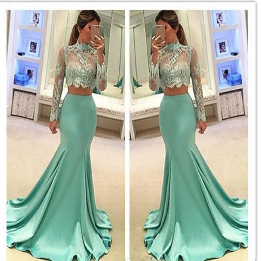 Long Sleeve Green Two pieces Mermaid Lace Sexy Prom Gown Dresses, PD0201