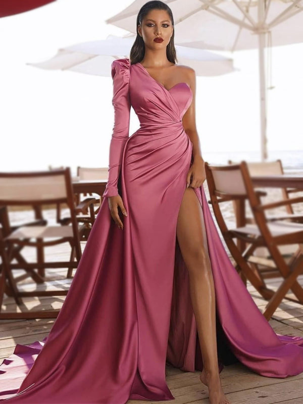 Pink Asymmetric One-shoulder Side-slit Mermaid Long Prom Dress, PD3157