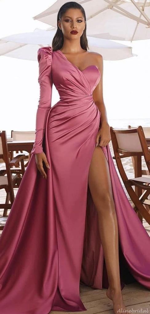 Pink Asymmetric One-shoulder Side-slit Mermaid Long Prom Dress, PD3157