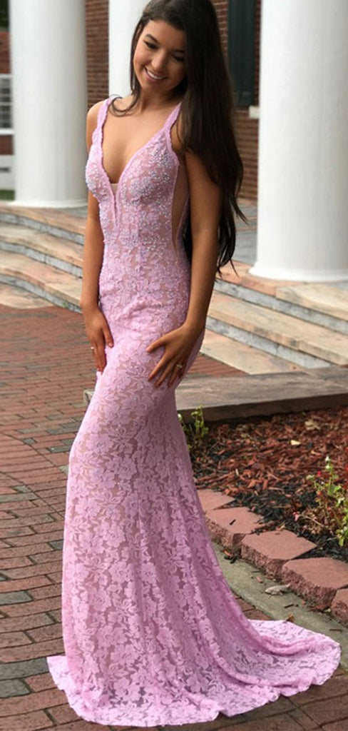 Fashion V Neck Open Back Full Lace Mermaid With Train Long Evening Prom Dresses, PD0001