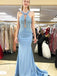 Halter Pale Blue Lace Top Mermaid With Train Long Evening Prom Dresses, PD0023