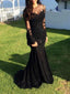 Black Long Sleeves Lace Applique Mermaid Tulle Long Evening Prom Dresses, PD0014