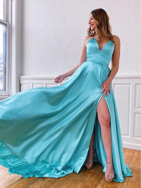 Simple Spaghetti Strap Lace Up Back Side Slit Long Prom Dresses, PD0038