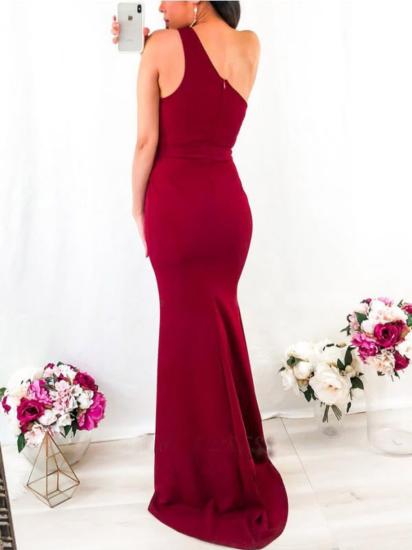 One Shoulder Burgundy Mermaid Side Slit Long Evening Prom Dresses, PD0039