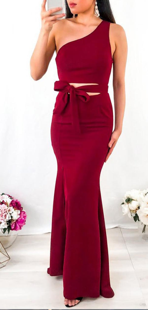 One Shoulder Burgundy Mermaid Side Slit Long Evening Prom Dresses, PD0039