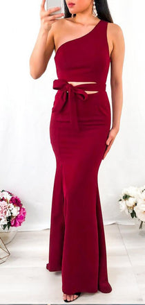 One Shoulder Burgundy Mermaid Side Slit Long Evening Prom Dresses, PD0039