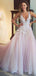 Pretty Pink Lace Top V Neck Tulle A Line With Train Long Evening Prom Dresses, PD0017