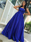 Irregular Royal Blue Strapless Satin A Line Long Evening Prom Dresses, PD0028