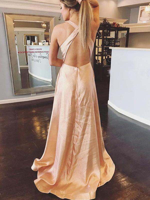 Pretty V Neck Criss Cross Open Back Satin A Line Long Evening Prom Dresses, PD0006