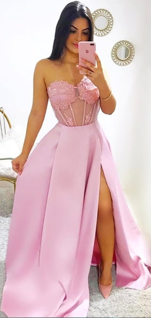 Strapless Sweetheart Satin A Line Side Slit Long Evening Prom Dresses, PD0036