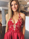 Halter Red Lace Applique Satin A Line Backless Long Evening Prom Dresses, PD0007