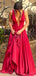 Simple Rose Red Deep V Neck Open Back A Line Long Evening Prom Dresses, PD0009