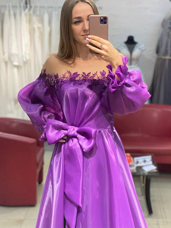 Purple Off-shoulder Long-sleeves A-line Laser Chiffon With Bow Tie Prom Dress, PD3349