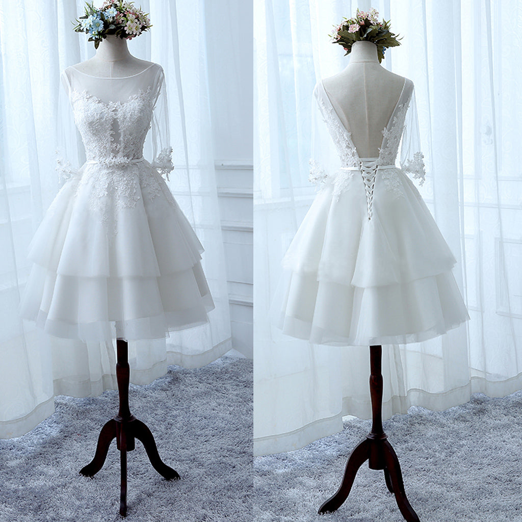 White Lace Half Sleeve Ruffles Tiered Skirts Short Wedding Bridesmaid Dress,BD00213