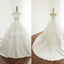 Elegant Simple Satin Appliques Beads Cap Sleeve Ball Gown Yarn Scoop Neck  Chapel Trailing Wedding Dress, AB1096