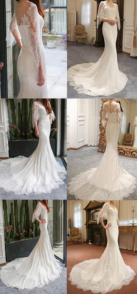 Unique Half Sleeve Yarn Lace Up Back Full Lace Beading Elegant Mermaid  Chapel Trailing Wedding Dress, AB1103