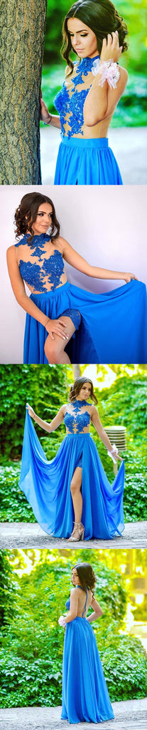 Blue Sexy See-Through Tulle Lace Appliques With Sequins High Neck  Side Slit Prom Dresses ,PD00032