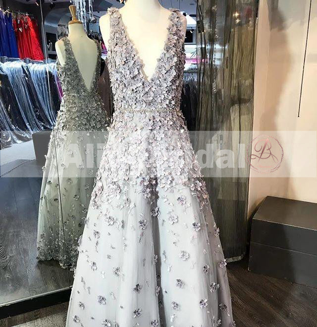 Light Grey Handmade Flowers V-neck V-back With Beaded Sash Prom Dresses,PD00068