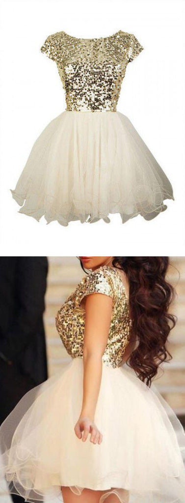 Gold sequin short sleeve Tulle homecoming prom dresses, CM0012