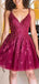 Sexy Burgundy Lace Sequin Spaghetti Strap V-neck A-line Short Homecoming Dress, HD3031