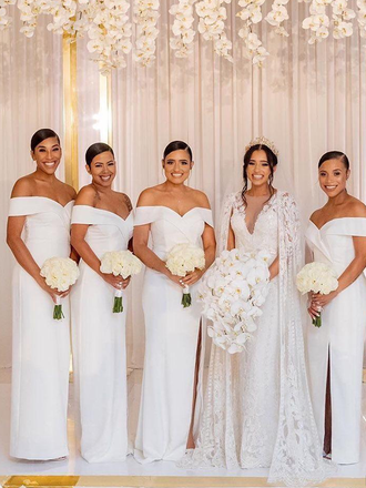 Sexy Cheap Off White Off-shoulder V-neck Side Slit Mermaid Long Bridesmaid Dress, BD3058