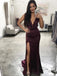 Sexy Dark Burgundy V-neck Spaghetti Strap Backless Side-slit Long Prom Dress, PD3149