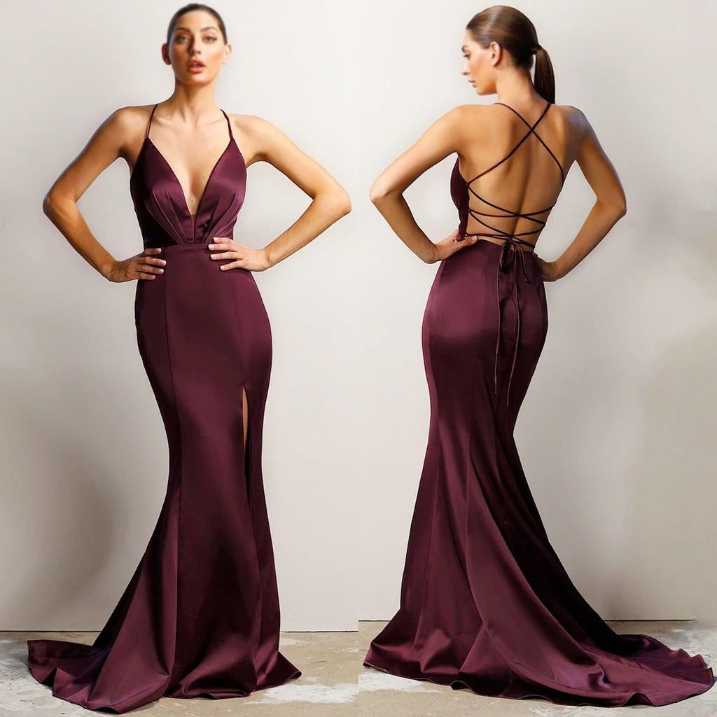 Sexy Dark Burgundy V-neck Spaghetti Strap Backless Side-slit Long Prom Dress, PD3149