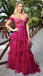 Sexy Fuschia Off-shoulder Sweetheart Ruffle Tulle A-line Long Prom Dress, PD3318