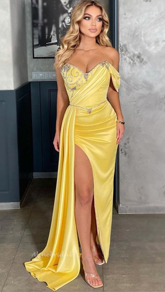 Sexy Off-shoulder Yellow Side-slit Mermaid Long Prom Dress, PD3384