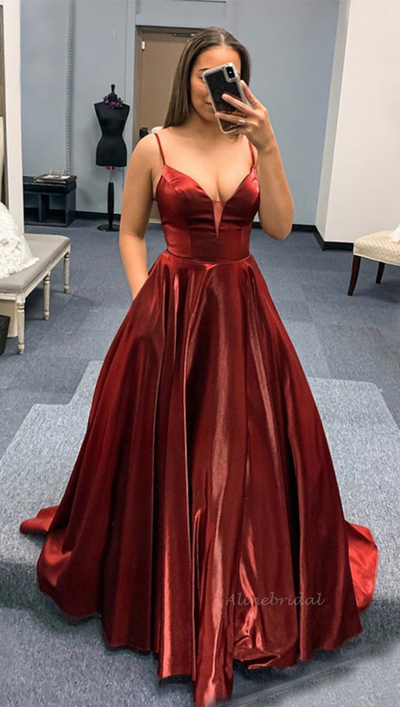 Sexy Spaghetti Straps Shiny Dark Red A-line Long Prom Dress, PD3376