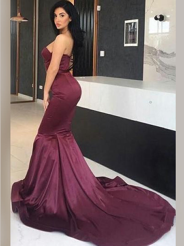 Sexy Strapless Sweetheart Burgundy Mermaid Long Prom Dress, PD3106