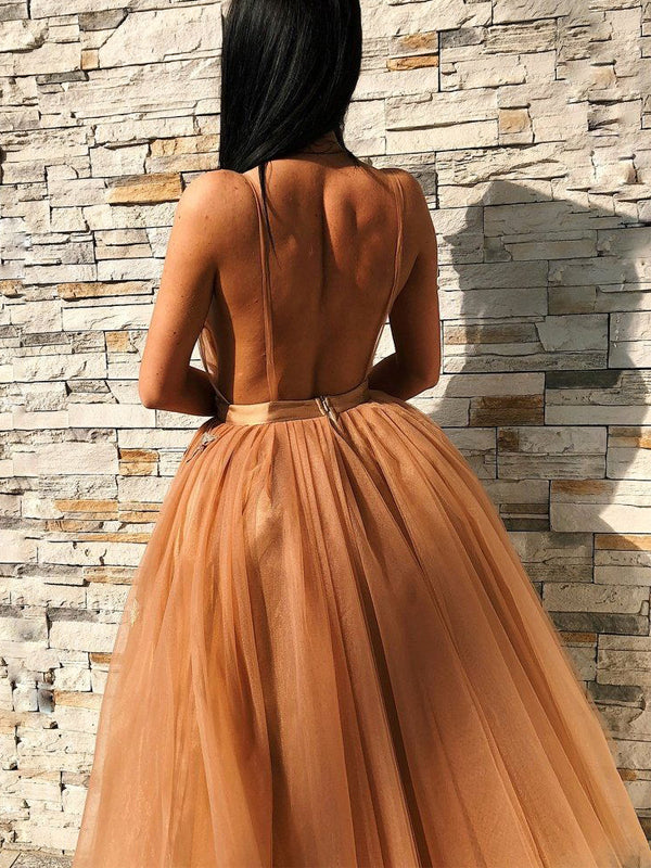 Sexy V-neck Nude Silver Apptique Tulle Midi Open Back Prom Dress, PD3111