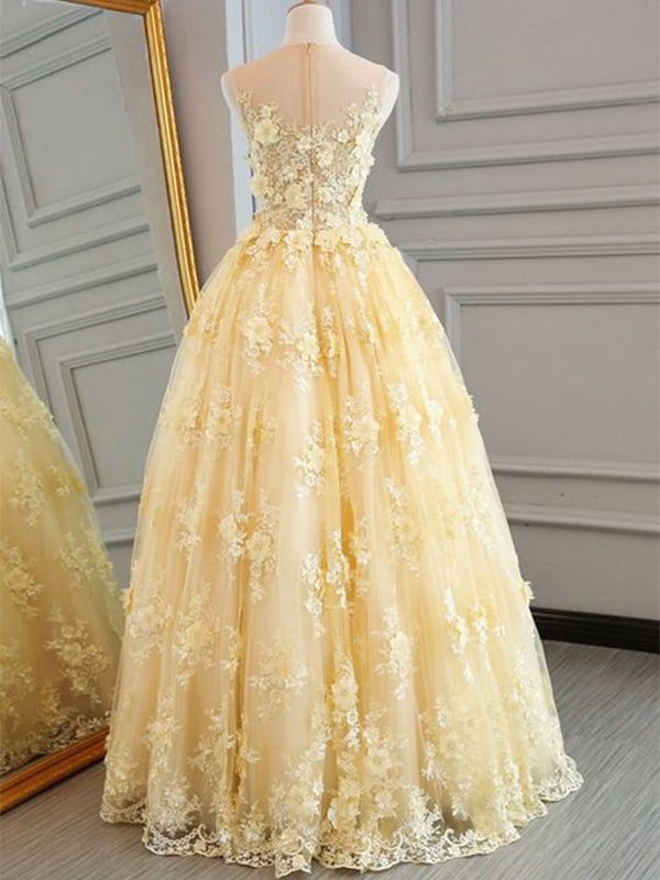 Sleeveless Pale Yellow Lace Sweetheart A-line Floor-length Prom Dress, PD3247