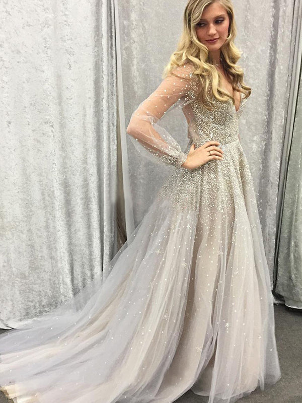 Stunning Gorgeous Shinning Long Sleeve Open Back V-neck Prom Gown Dresses,PD00040